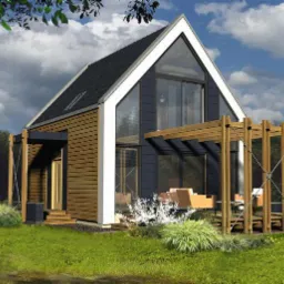 Wizualizacja nowoczesnego domu jednorodzinnego z drewnianą elewacją, dużymi przeszkleniami i pergolą na tarasie, otoczonego zielenią.