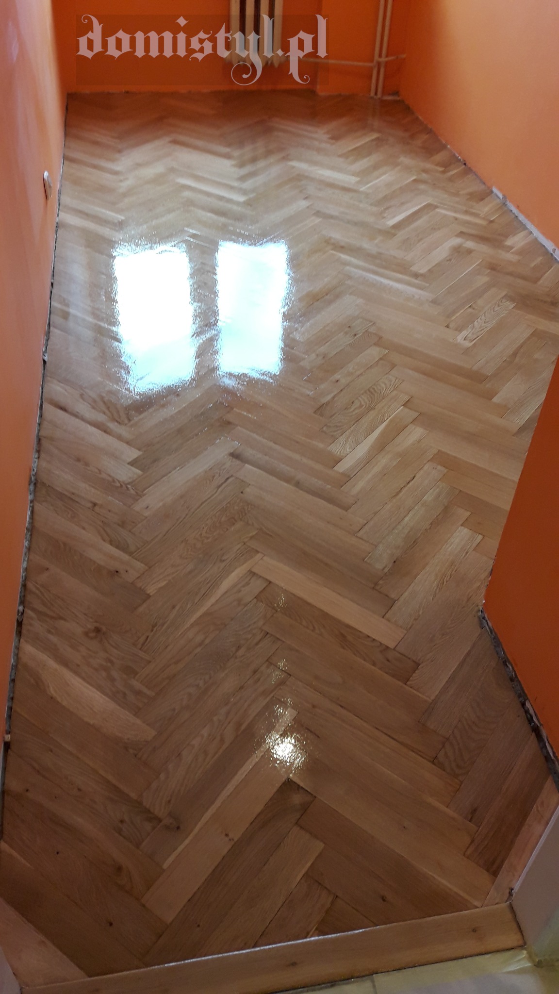 Świeżo polakierowana podłoga parkietowa ułożona w jodełkę, odbijająca światło okien, na tle pomarańczowych ścian.