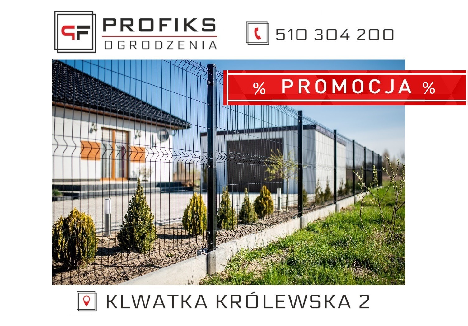 Czarny system ogradzający z paneli na betonowej podmurówce, z widoczną reklamą 'Promocja', na tle domu jednorodzinnego i garażu.