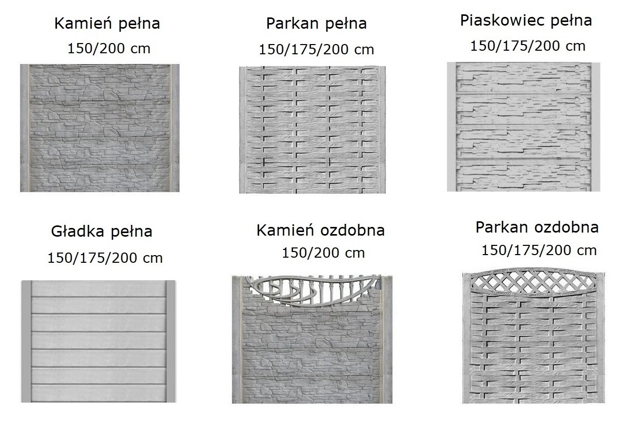 Katalog sześciu paneli betonowych o różnych wzorach i wysokościach: imitacja kamienia, plecionki, piaskowca oraz gładkie, w wersjach pełnych i ozdobnych.