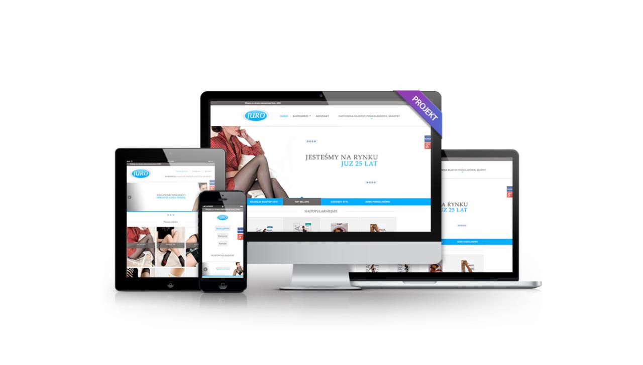 Responsywna strona internetowa Juro wyświetlana na monitorze, laptopie, tablecie i smartfonie. Widoczny branding firmy i hasło 'Jesteśmy na rynku już 25 lat'.