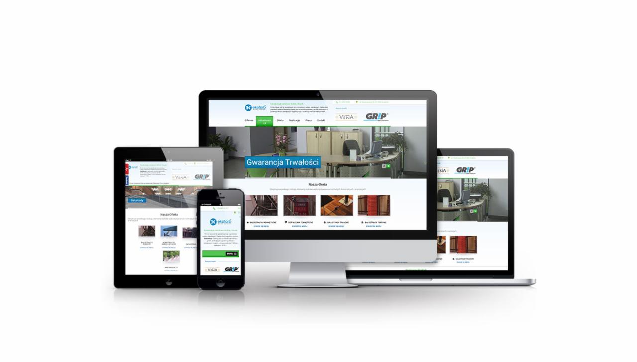 Responsywna strona WWW 'ekotarti' na monitorze, laptopie, tablecie i smartfonie. Prezentacja interfejsu i funkcjonalności na różnych urządzeniach.
