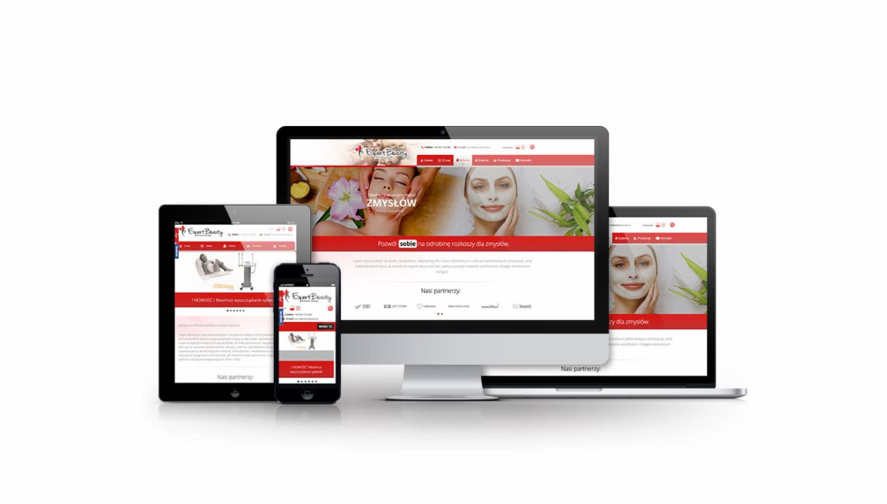Responsywna strona internetowa 'Expert Beauty' na monitorze, laptopie, tablecie i smartfonie. Projekt strony z czerwonymi akcentami. Układ na różnych urządzeniach.