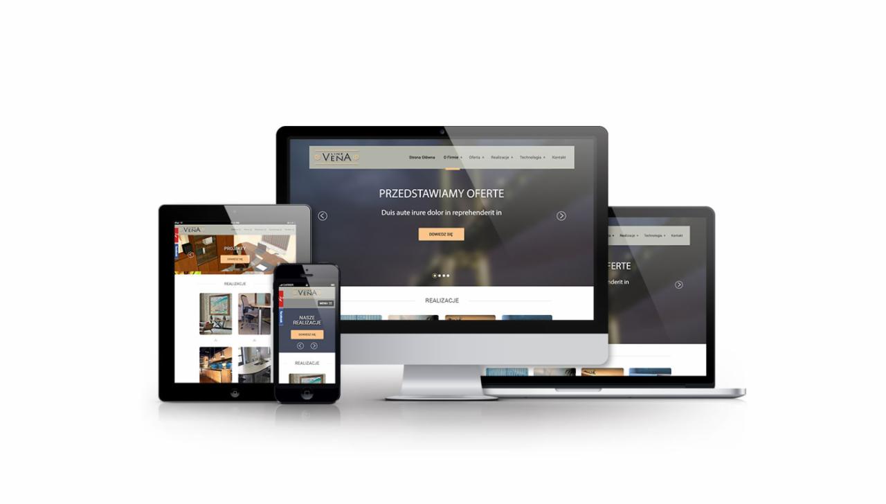 Responsywna strona VENA na urządzeniach: monitorze, laptopie, tablecie i smartfonie. Prezentacja oferty, galeria realizacji. Minimalistyczny design z przewagą bieli i szarości.