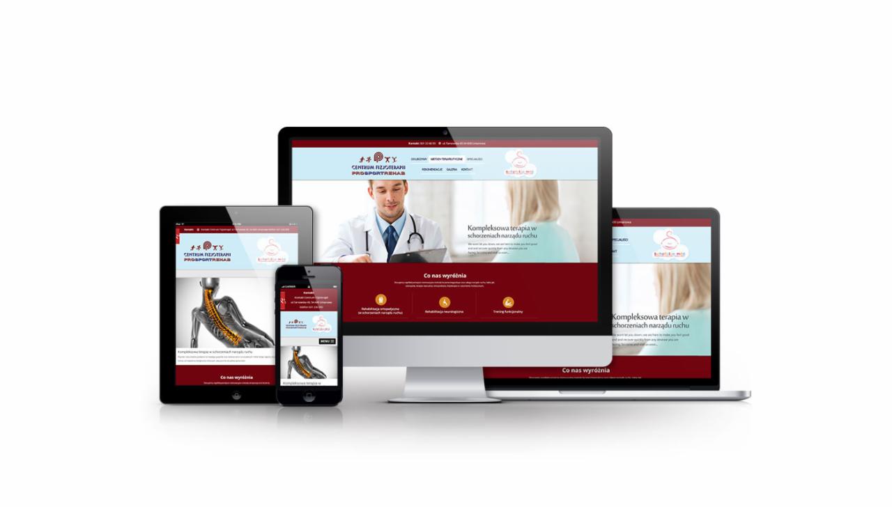 Responsywny design strony 'Centrum Fizjoterapii Prosportrehab' na monitorze, laptopie, tablecie i smartfonie. Prezentacja funkcjonalności i dostosowania do różnych urządzeń.