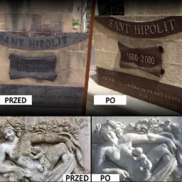 Porównanie stanu pomnika przed i po renowacji: oczyszczona kamienna powierzchnia z usuniętymi napisami graffiti, odsłonięte detale inskrypcji i rzeźb.