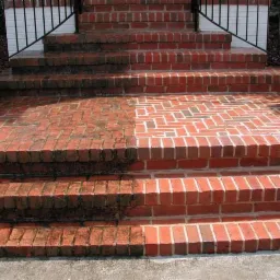 Częściowo wyczyszczone schody i chodnik z czerwonej kostki brukowej, widoczna wyraźna różnica między brudną a czystą powierzchnią, po bokach donice z fioletowymi kwiatami.