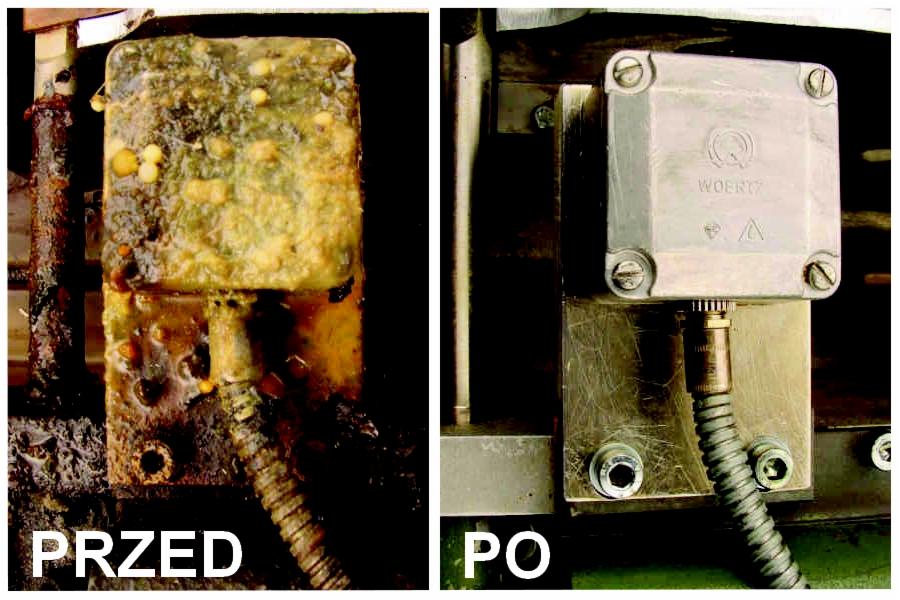 Porównanie stanu urządzenia przemysłowego przed i po czyszczeniu: lewa strona pokryta grubą warstwą brudu i zanieczyszczeń, prawa strona czysta i odtłuszczona, widoczne ślady mechanicznego...