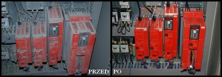 Porównanie stanu przed i po: Czerwone przemienniki częstotliwości w szafie sterowniczej, po lewej zakurzone, po prawej czyste i lśniące.