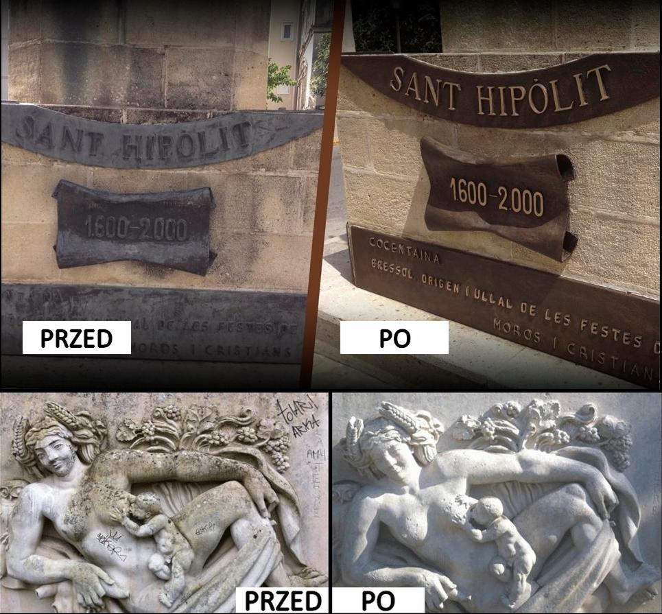 Porównanie stanu pomnika przed i po renowacji: oczyszczona kamienna powierzchnia z usuniętymi napisami graffiti, odsłonięte detale inskrypcji i rzeźb.