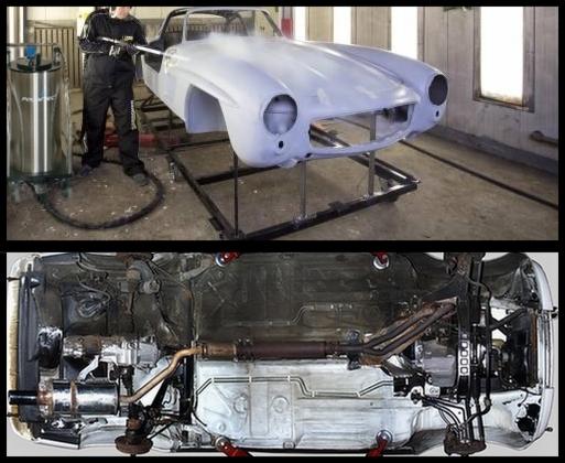 Czyszczenie parowe karoserii klasycznego samochodu (góra) i widok podwozia (dół) podczas renowacji.