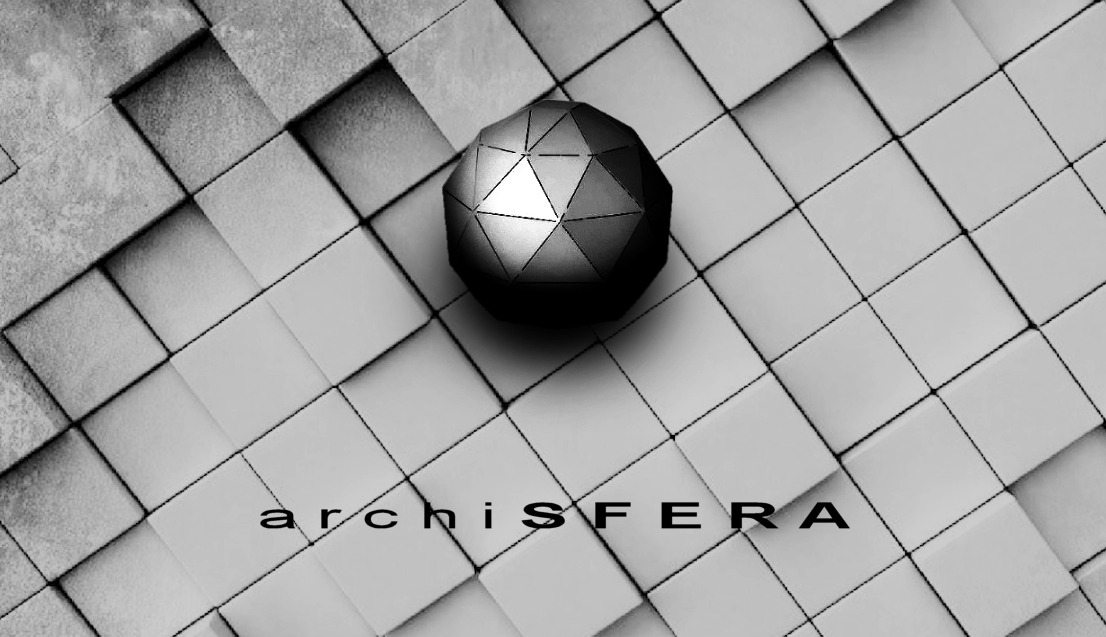 Czarno-biała grafika 3D przedstawiająca geometryczną kulę nad teksturowanym tłem z kwadratów, z napisem 'archiSFERA' w dolnej części.
