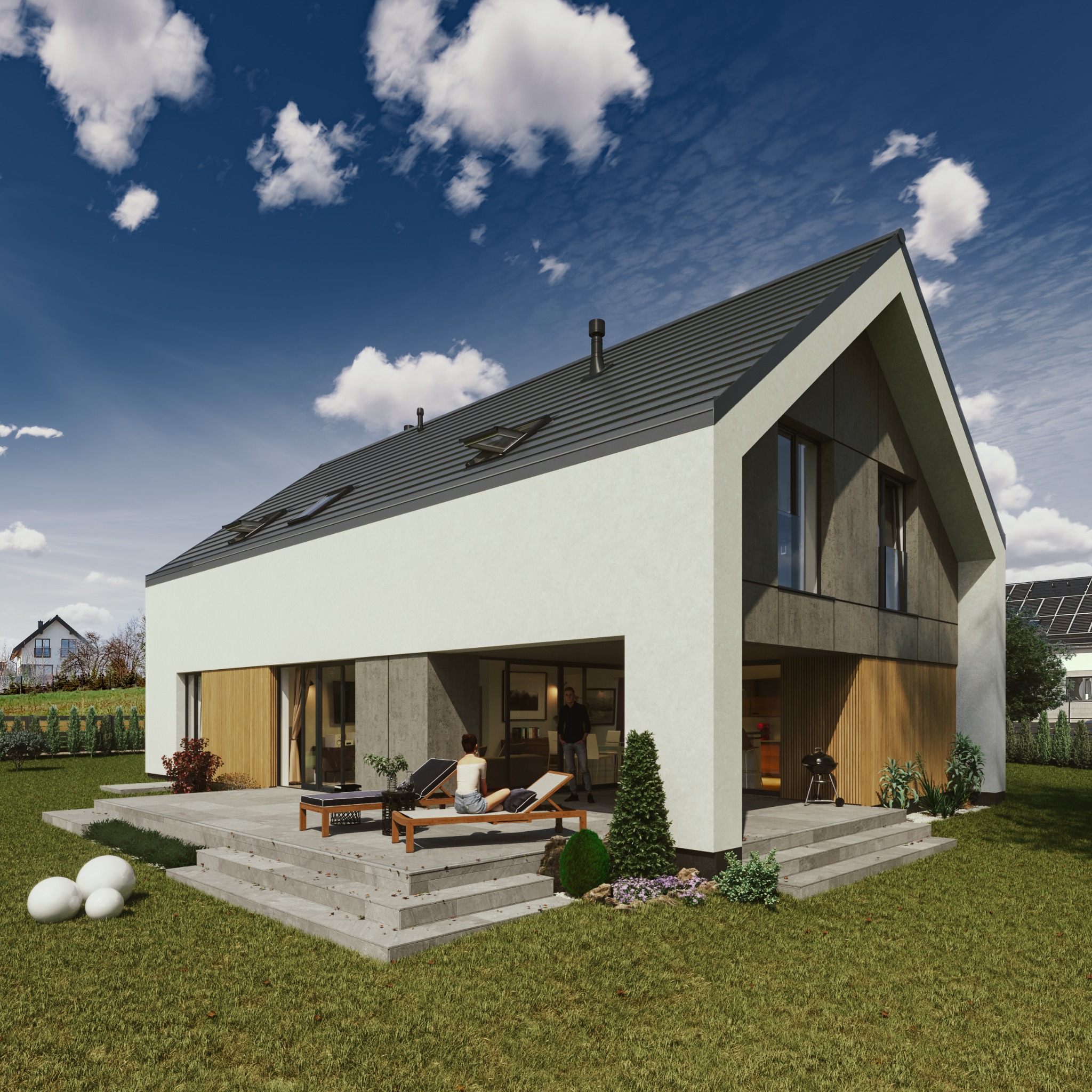 Wizualizacja nowoczesnego domu jednorodzinnego z ogrodem. Minimalistyczna bryła, jasna elewacja, duże przeszklenia i taras z leżakami. Widok na błękitne niebo z chmurami.
