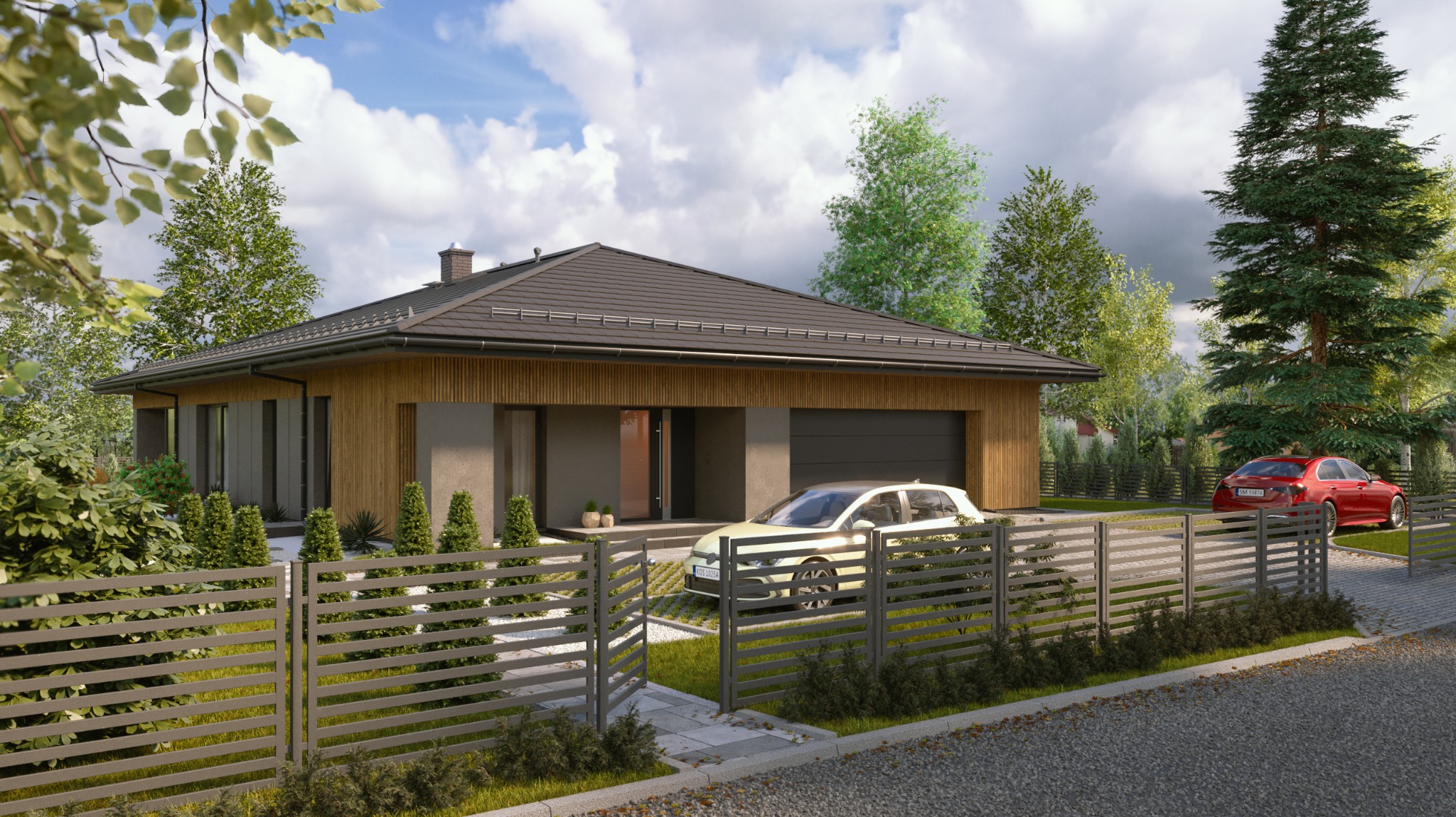 Projekt domu jednorodzinnego z garażem, z elewacją z elementami drewna, ogrodzeniem panelowym i dwoma samochodami na posesji. Ujęcie w słoneczny dzień.