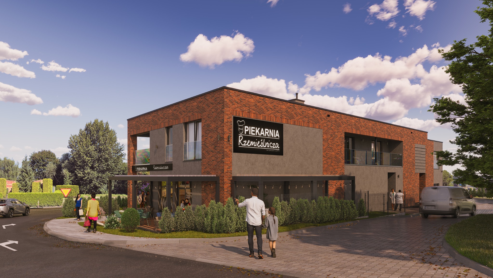 Wizualizacja budynku usługowego: dwukondygnacyjna piekarnia z ceglaną elewacją i dużym szyldem 'Piekarnia Rzemieślnicza', otoczona zielenią i chodnikiem.