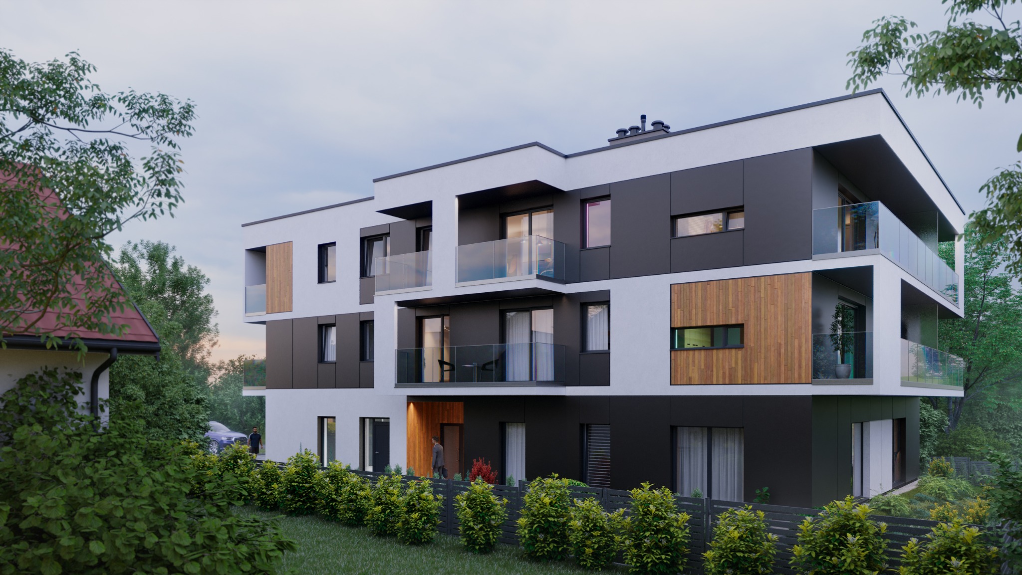 Wizualizacja budynku wielorodzinnego z balkonami i elementami drewnianymi na elewacji, otoczonego zielenią. Osoba wchodzi do budynku. Nowoczesna architektura.