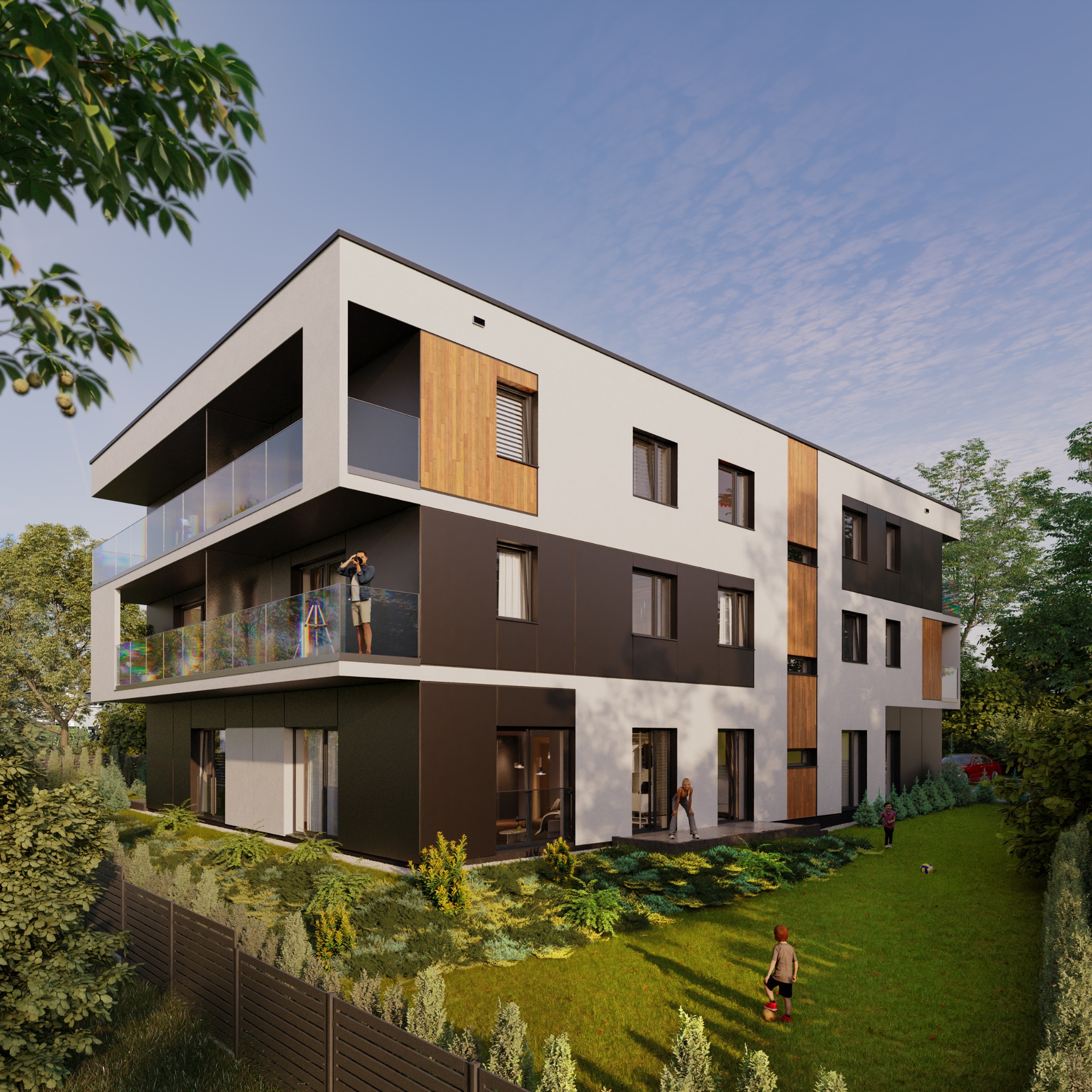 Wizualizacja nowoczesnego, dwupiętrowego budynku z balkonami i elementami drewnianymi na elewacji, otoczonego zielenią i niskim ogrodzeniem. Osoby na balkonach i w ogrodzie.
