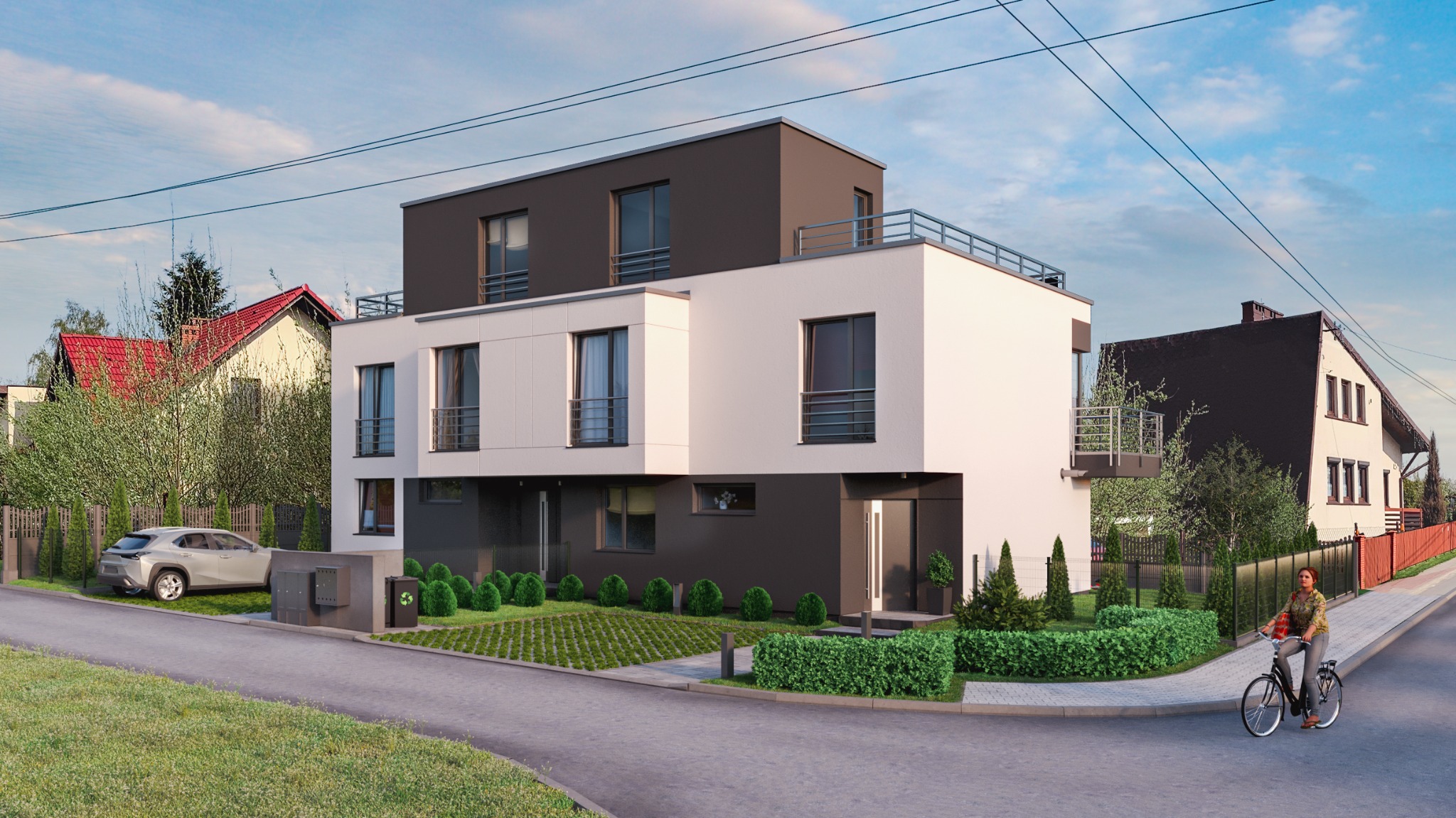 Wizualizacja nowoczesnego dwukondygnacyjnego bliźniaka z płaskim dachem, elewacją w odcieniach bieli i szarości, zagospodarowanym terenem z kostką ażurową i niskimi krzewami, oraz rowerzystką...