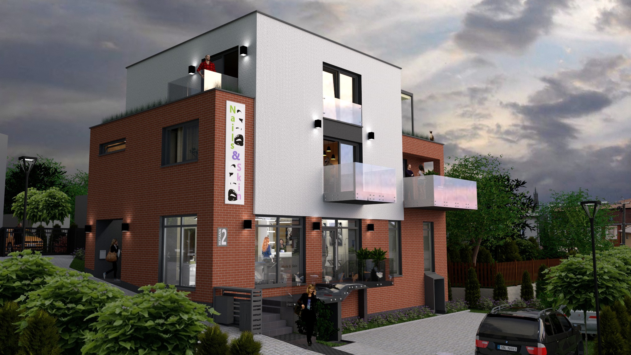 Wizualizacja budynku usługowego z dwoma balkonami i szyldem 'Nails & Skin', wykonana w odcieniach czerwieni i bieli, z osobami na balkonach i wchodzącymi do budynku.