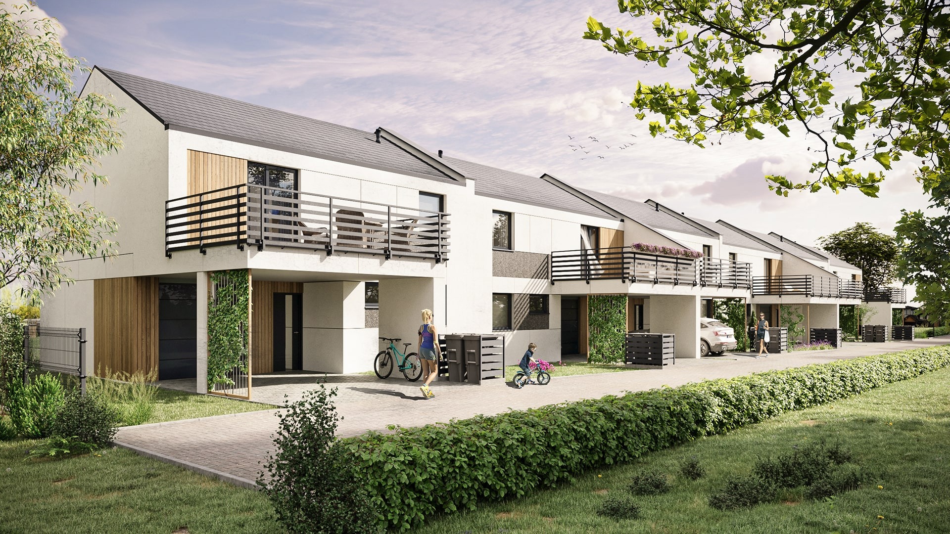 Wizualizacja szeregu nowoczesnych domów z balkonami, drewnianymi akcentami i zielenią, z matką i dzieckiem na rowerze przed jednym z domów.