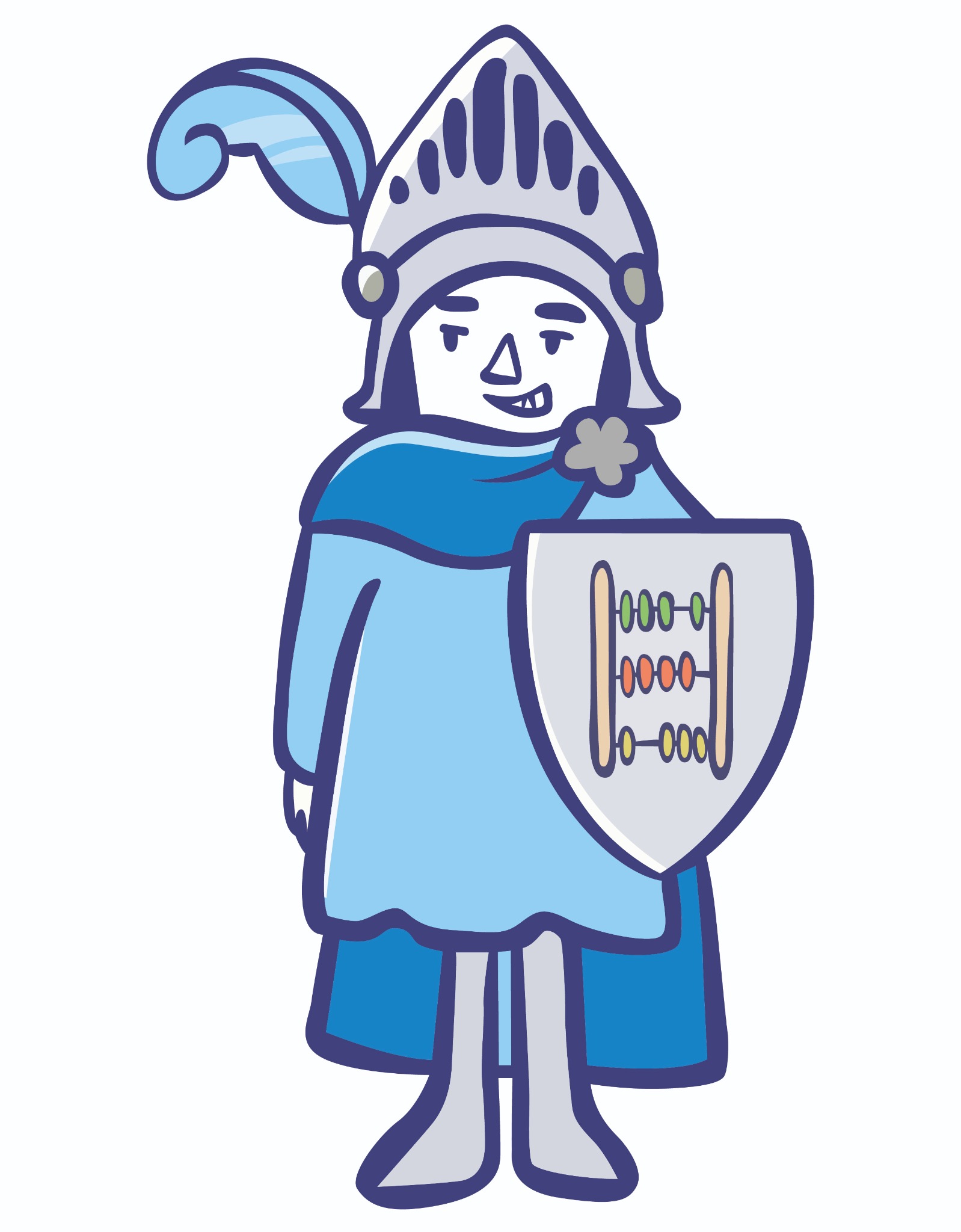 Kreskówkowy rycerz w błękitnej zbroi trzyma tarczę z liczydłem, symbolizującą finanse i księgowość. Ilustracja o zabawnym charakterze.