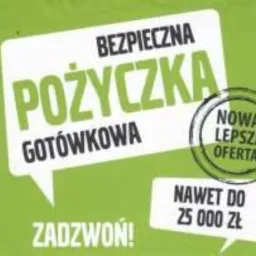 Grafika reklamowa pożyczki gotówkowej z hasłem 'Bezpieczna pożyczka gotówkowa' i kwotą 'Nawet do 25 000 zł'. Zaznaczono 'Nowa, lepsza oferta'.