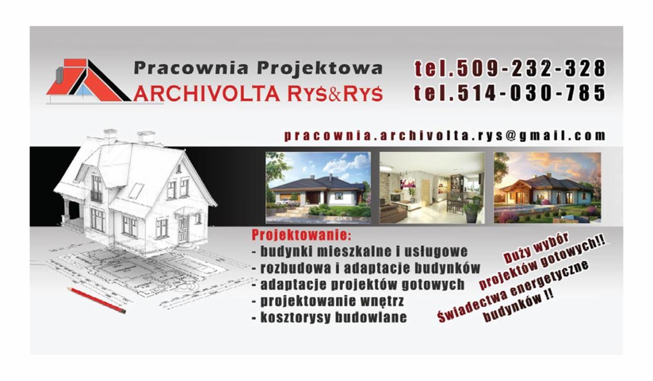 Projekt domu w formie szkicu 3D nałożony na plan architektoniczny z czerwonym ołówkiem, obok wizualizacje gotowych domów i wnętrz oraz dane kontaktowe pracowni projektowej.