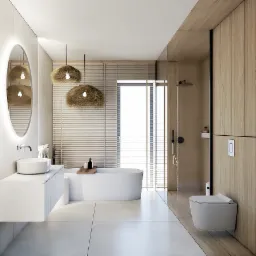 Nowoczesna łazienka z owalną wanną, umywalką nablatową i wiszącą toaletą, oświetlona trzema lampami z abażurami z naturalnego włókna, z akcentami drewna na ścianach i żaluzjach okiennych.