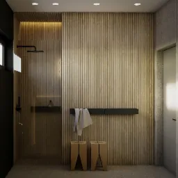 Nowoczesna łazienka z prysznicem typu walk-in, drewnianą okładziną ścienną z pionowych paneli, czarną armaturą i minimalistycznymi drewnianymi stołkami.