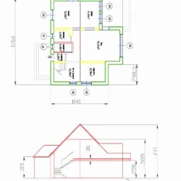 Rzut architektoniczny domu z wymiarami, prezentujący układ pomieszczeń i elewację boczną. Widoczne metraże i oznaczenia elementów konstrukcyjnych.