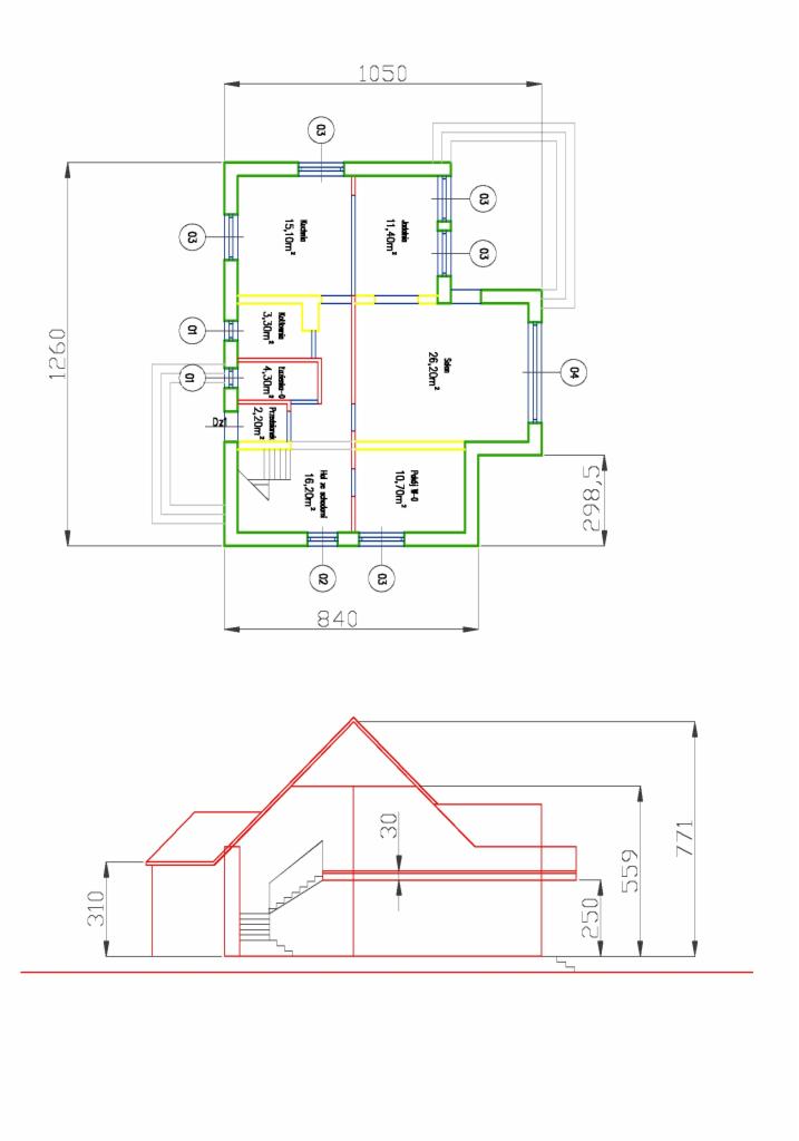 Rzut architektoniczny domu z wymiarami, prezentujący układ pomieszczeń i elewację boczną. Widoczne metraże i oznaczenia elementów konstrukcyjnych.