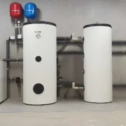 Instalacja grzewcza w kotłowni: biała pompa ciepła, dwa białe zbiorniki akumulacyjne z czarnymi akcentami, czerwony i niebieski zbiornik wyrównawczy, szare rury instalacyjne na tle szarej, surowej...