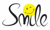 Biały napis 'Smile' z żółtą buźką w miejscu litery 'i', na białym tle. Czcionka ozdobna, kaligraficzna.