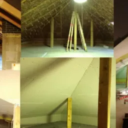 Montaż płyt na poddaszu: widoczne drewniane krokwie, ocieplenie, konstrukcja wsporcza, oraz zamontowane płyty w różnych etapach wykończenia. Na podłodze rozłożona folia ochronna i narzędzia.