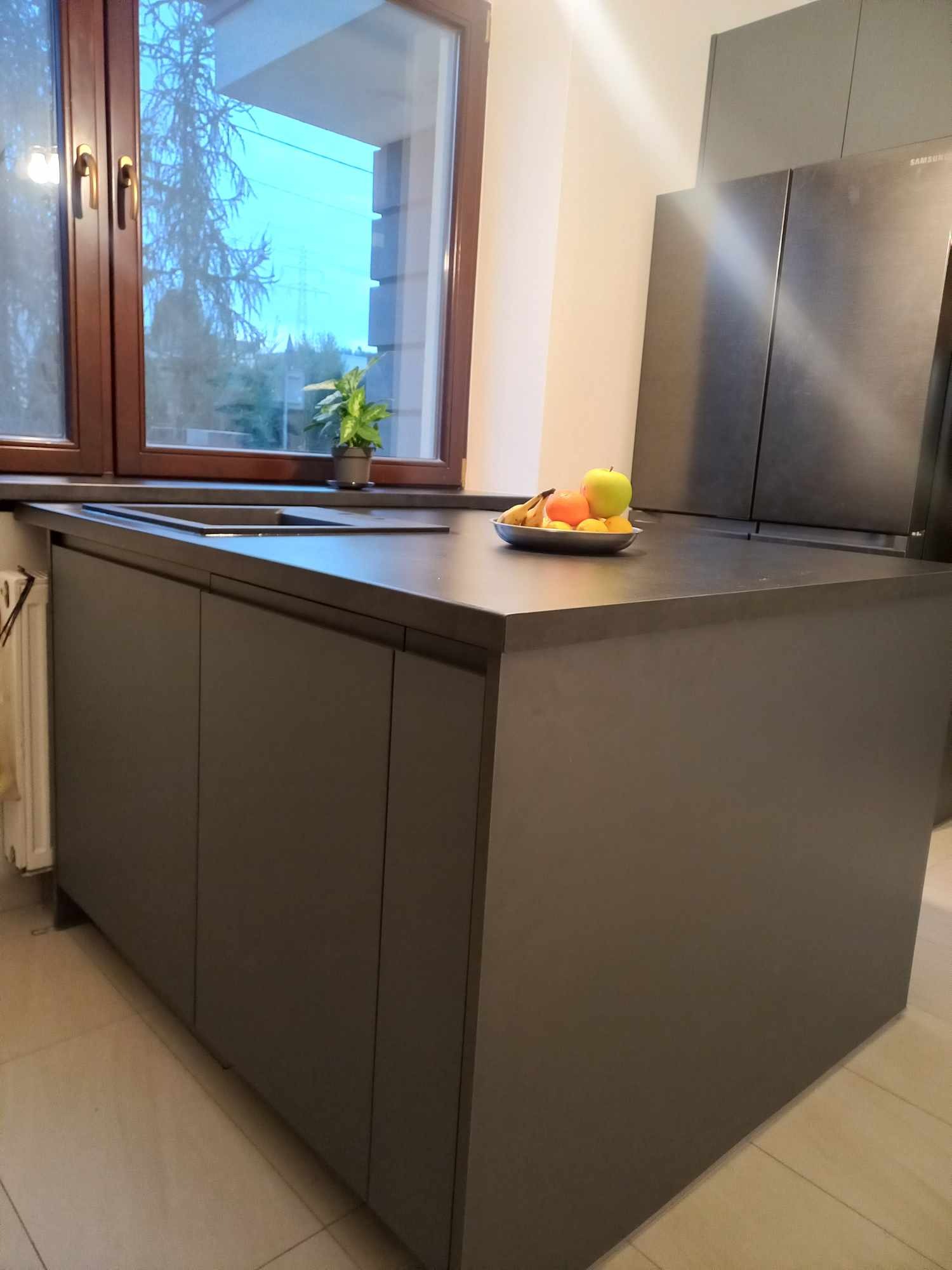 Nowoczesna wyspa kuchenna z ciemnoszarymi frontami i blatem, na którym leży talerz z owocami, w tle okno z widokiem na zewnątrz i zabudowana lodówka.