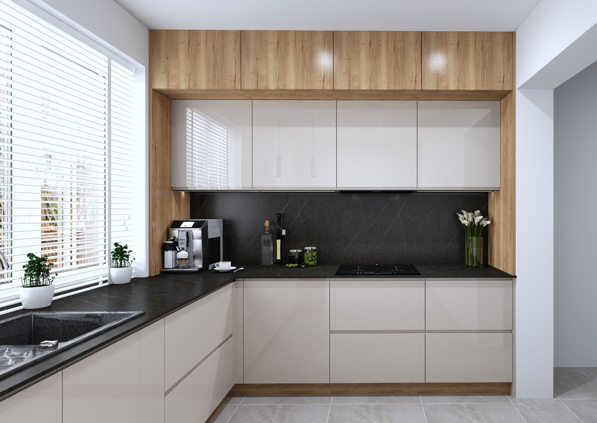 Nowoczesna kuchnia z beżowymi frontami, drewnianymi akcentami i czarnym blatem. Ekspres do kawy i dekoracje na blacie. Okno z żaluzjami w tle.