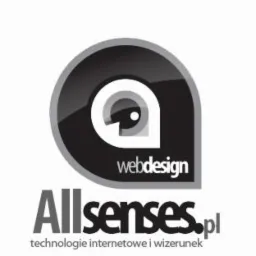 Logo firmy Allsenses.pl z motywem oka wewnątrz czarno-białej kropli, pod spodem napis 'webdesign' i nazwa firmy z dopiskiem 'technologie internetowe i wizerunek'.