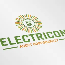 Logo firmy ELECTRICON Audyt Gospodarczy, z symbolem słońca w kolorach zieleni, pomarańczy i żółci.