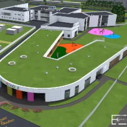 Wizualizacja architektoniczna nowoczesnego przedszkola z zielonym dachem w kształcie litery U, placem zabaw na dachu i kolorowymi elementami fasady, otoczonego zielenią i innymi budynkami.