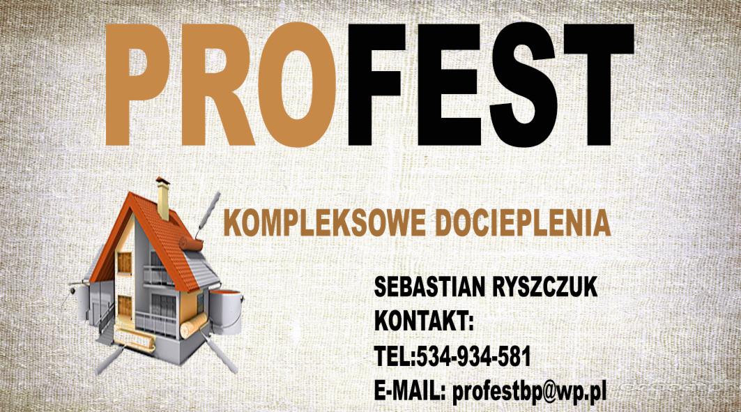 Baner reklamowy firmy Profest z wizualizacją docieplonego domu, danymi kontaktowymi i hasłem 'Kompleksowe docieplenia' na teksturowanym tle.