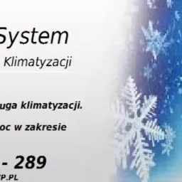 Baner firmy Cooling System: Montaż i Serwis Klimatyzacji, kompleksowa obsługa, pomoc w zakresie elektryki. Kontakt: 577-160-289, coolingsystems@wp.pl. Tło z motywem śnieżynek.