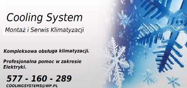 Baner firmy Cooling System: Montaż i Serwis Klimatyzacji, kompleksowa obsługa, pomoc w zakresie elektryki. Kontakt: 577-160-289, coolingsystems@wp.pl. Tło z motywem śnieżynek.