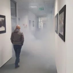 Mężczyzna idzie korytarzem spowitym dymem, prawdopodobnie podczas symulacji pożaru lub testu szczelności systemów wentylacyjnych.