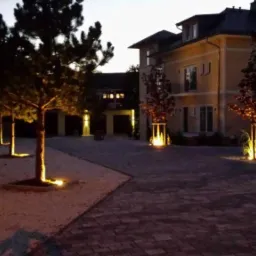 Oświetlony ogród z drzewami w ozdobnych obudowach świetlnych, prowadzący do domu z podświetlonymi oknami i garażem w tle.