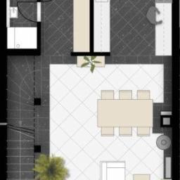 Biuro projektowo-wykonawcze Paweł Grądzki - Rzut z góry na projekt domu z salonem, kuchnią, łazienką i tarasem, z uwzględnieniem umeblowania i dekoracji roślinnych.