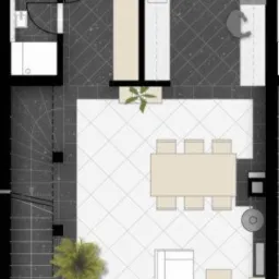 Rzut z góry na projekt domu z salonem, kuchnią, łazienką i tarasem, z uwzględnieniem umeblowania i dekoracji roślinnych.