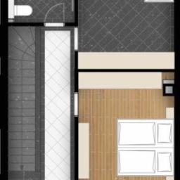 Biuro projektowo-wykonawcze Paweł Grądzki - Rzut z góry na mieszkanie z balkonem, ukazujący łazienkę z wanną, sypialnię z podwójnym łóżkiem i salon z rośliną doniczkową, wykończone w odcieniach szarości i drewna.