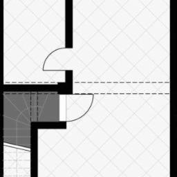 Biuro projektowo-wykonawcze Paweł Grądzki - Rzut poziomy kondygnacji domu z zaznaczoną klatką schodową, układem pomieszczeń i schematycznym wyposażeniem kuchni.