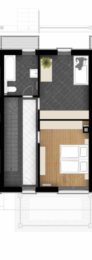 Rzut z góry na mieszkanie z balkonem, ukazujący łazienkę z wanną, sypialnię z podwójnym łóżkiem i salon z rośliną doniczkową, wykończone w odcieniach szarości i drewna.