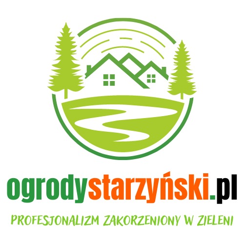Logo firmy ogrodniczej: zielony okrąg z trzema domami, stylizowaną rzeką i drzewami iglastymi, nazwa firmy 'ogrodystarzyński.pl' oraz slogan 'Profesjonalizm zakorzeniony w zieleni'.